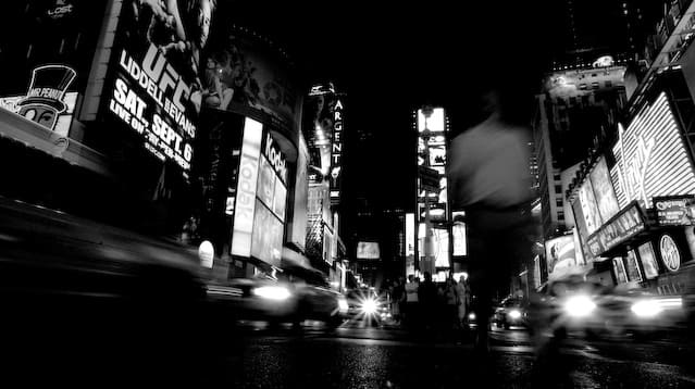 The traffic is busy at Times Square at night (picture taken with Canon EOS 1D Mark III and Canon EF 16-35mm F2.8 L USM)