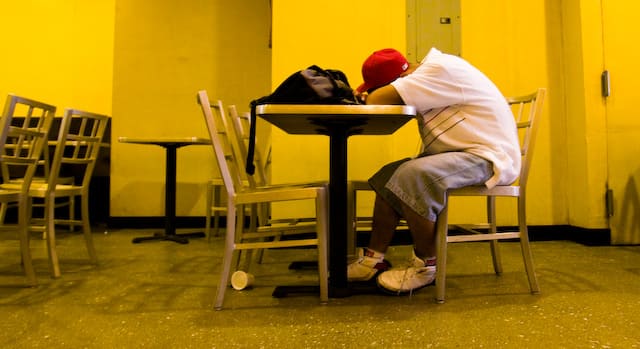 Guy is resting at table in room with yellow walls (picture taken with Canon EOS 1D Mark III and Canon EF 16-35mm F2.8 L USM)